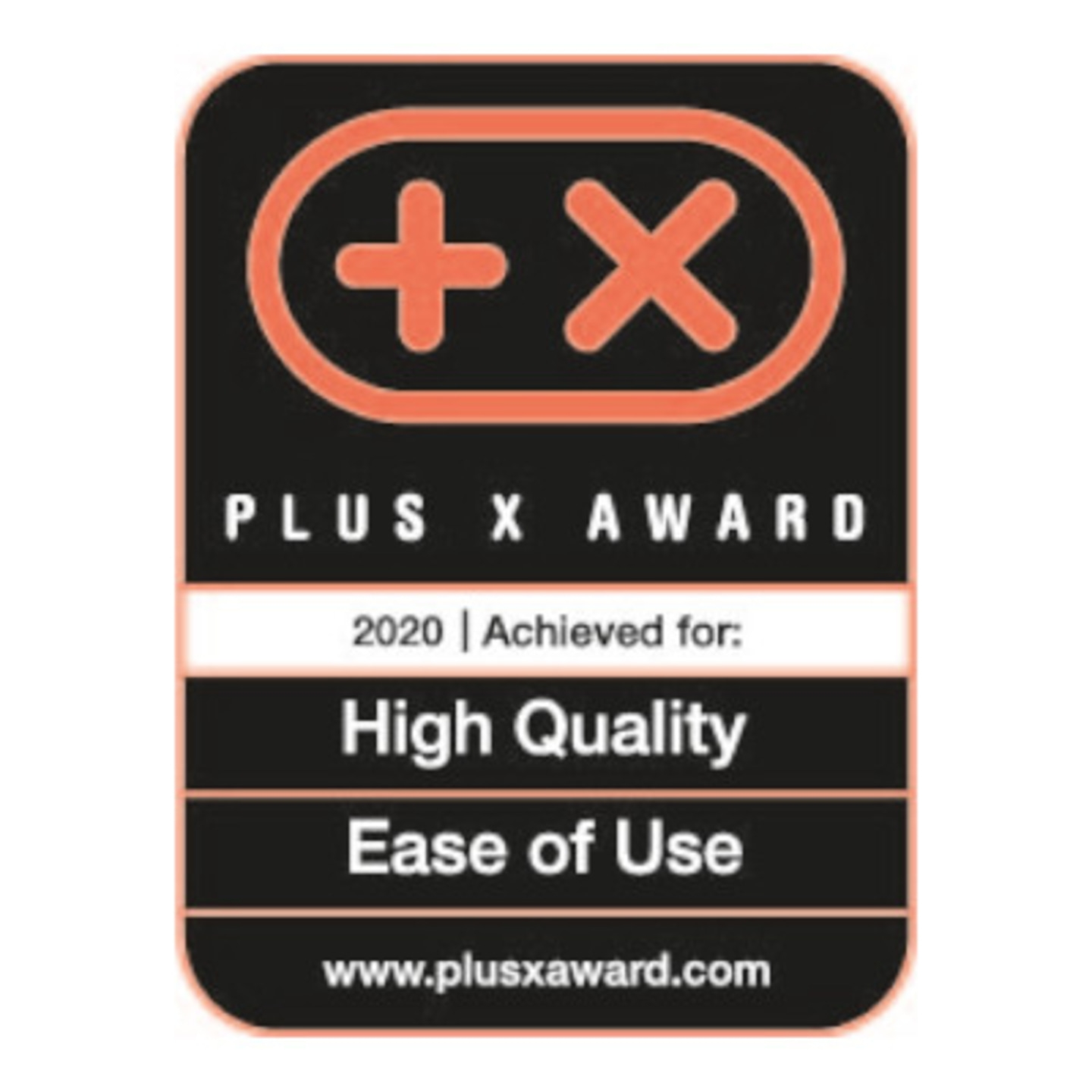 Plus X Award 2020 for High Quality and Ease of Use. Award badge.