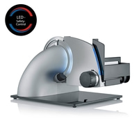 Trancheuse électrique avec contrôle de sécurité LED et couleur argentée, design moderne.