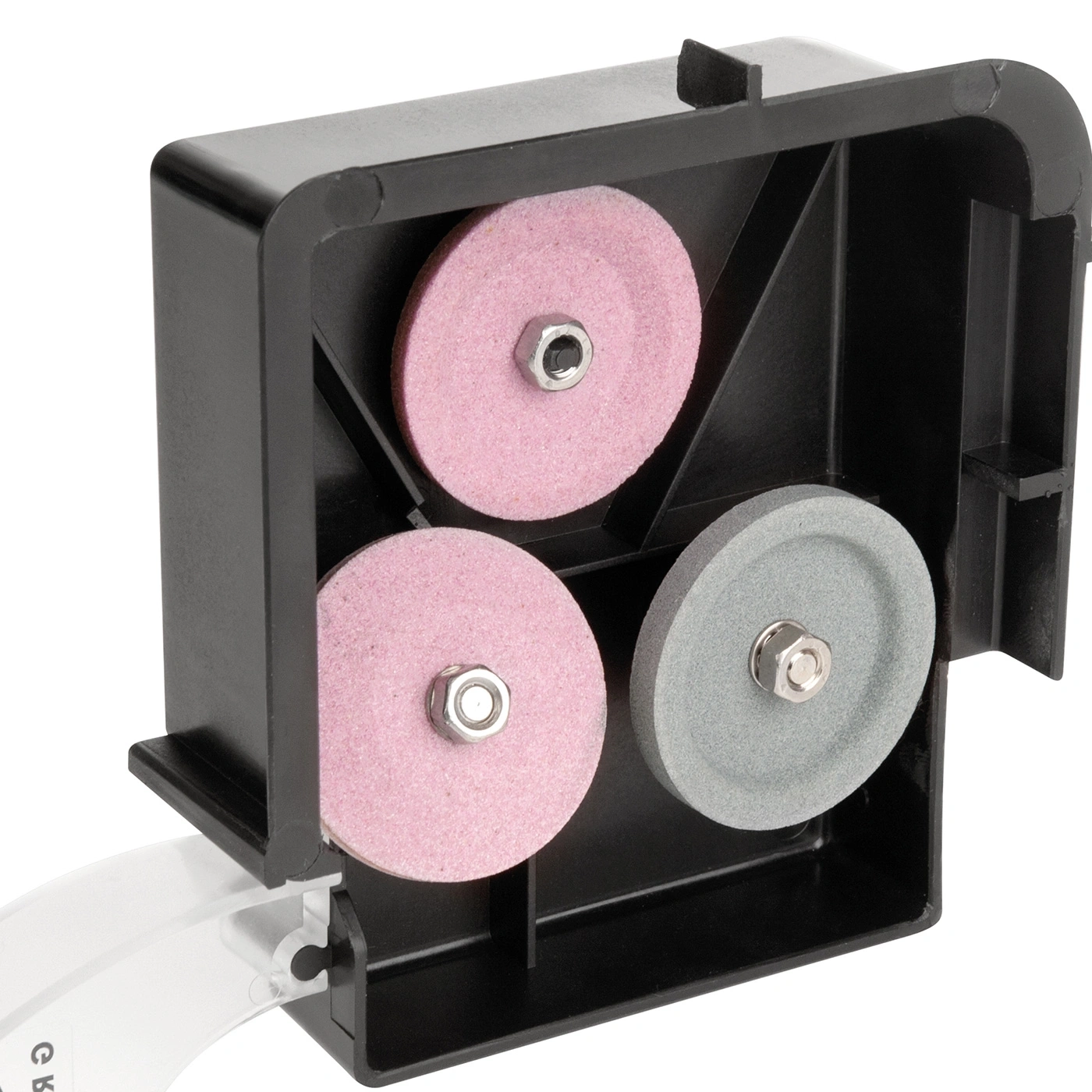 Affilatore nero con tre mole per affilare utensili e strumenti.