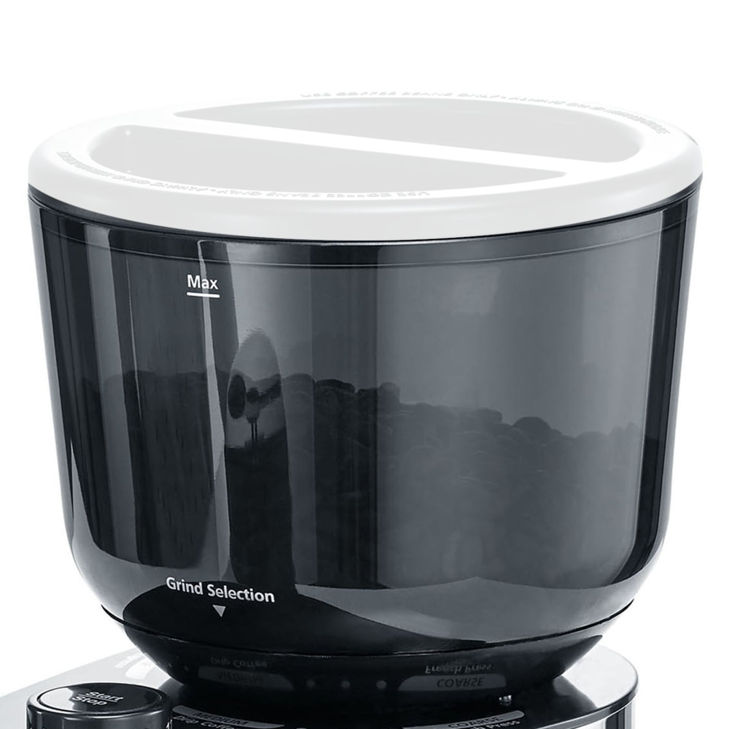 Moulin à café avec grains, marque max, sélection de mouture, couvercle blanc, récipient noir.