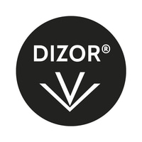 Logo Dizor, cercle noir avec texte blanc et symbole de flèche vers le bas