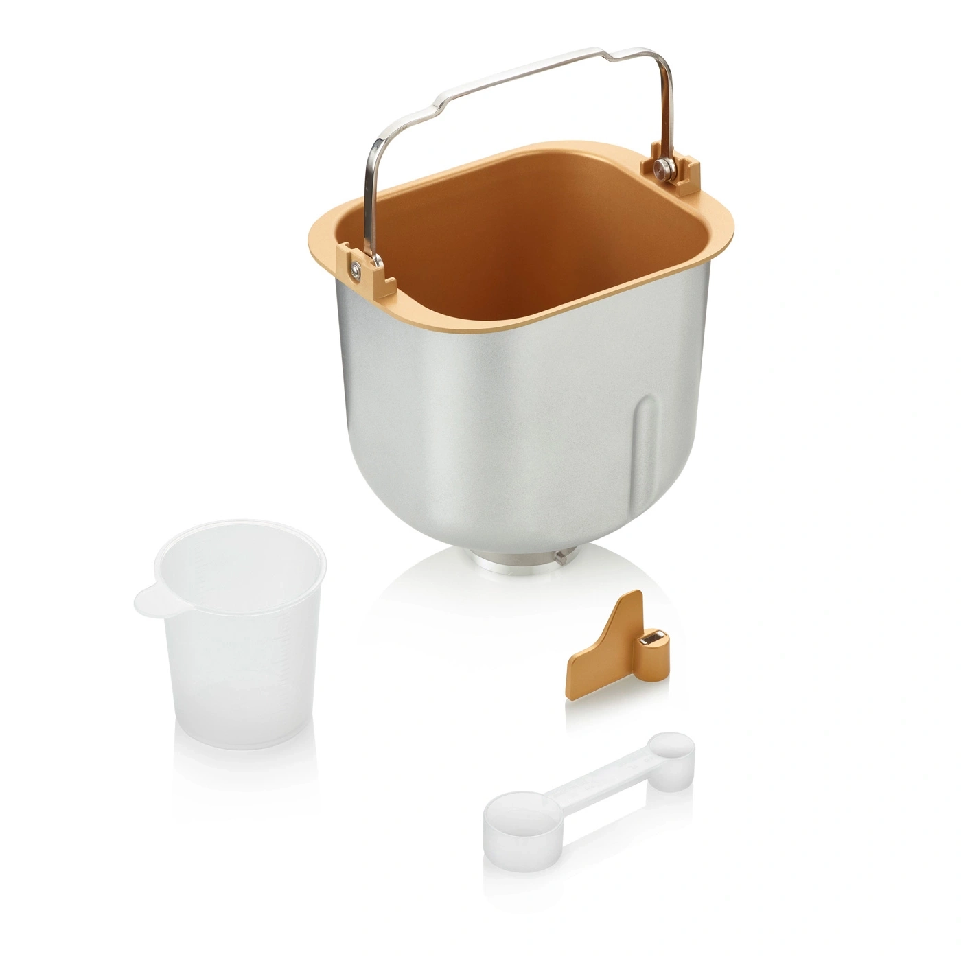 Machine à pain avec accessoires : tasse à mesurer, lame de pétrissage, cuillère doseuse et moule.