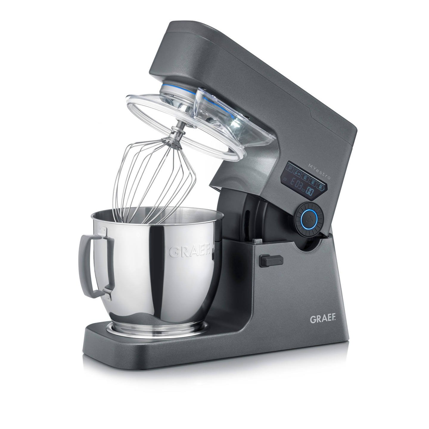 Robot pâtissier Graef avec fouet et bol, gris, écran électronique, appareil de cuisine