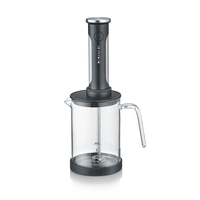 Electric milk frother with glass container, handle, gray and silver design