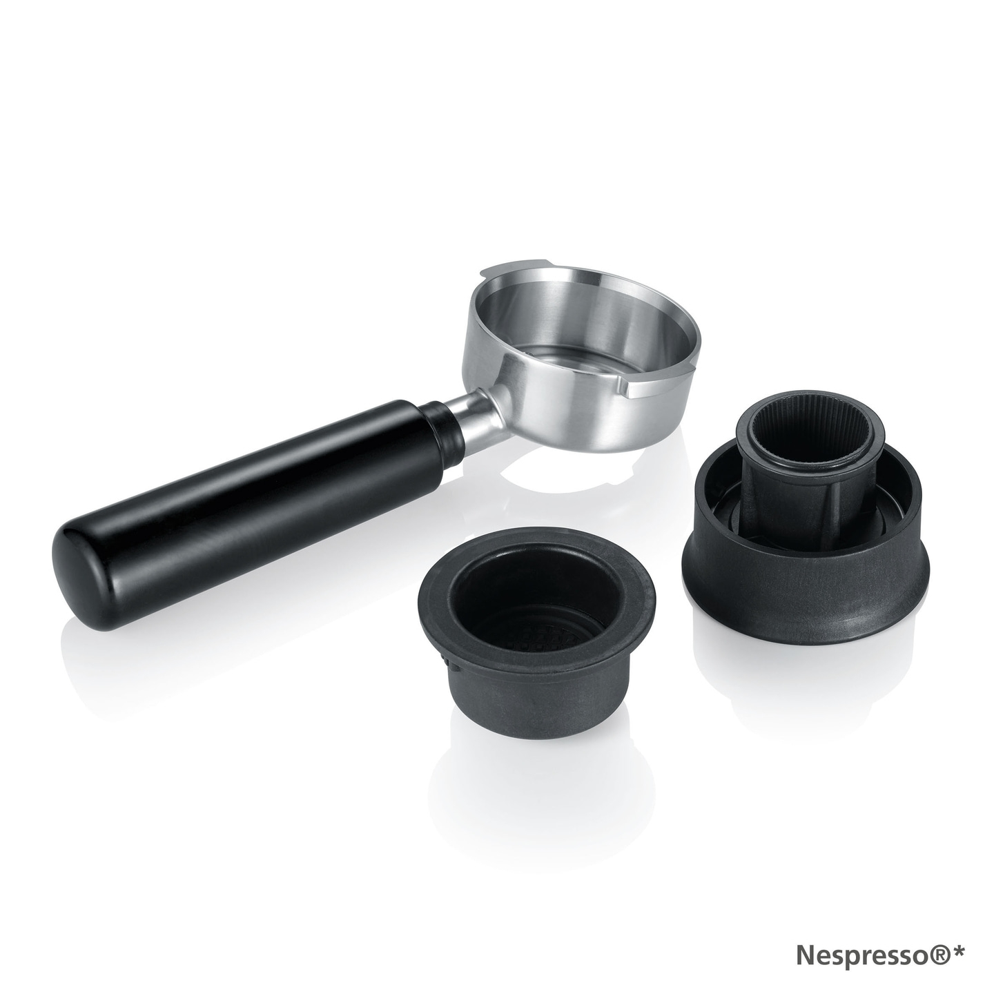 Accessori per macchina da caffè espresso: portafiltro, due inserti, nero e argento
