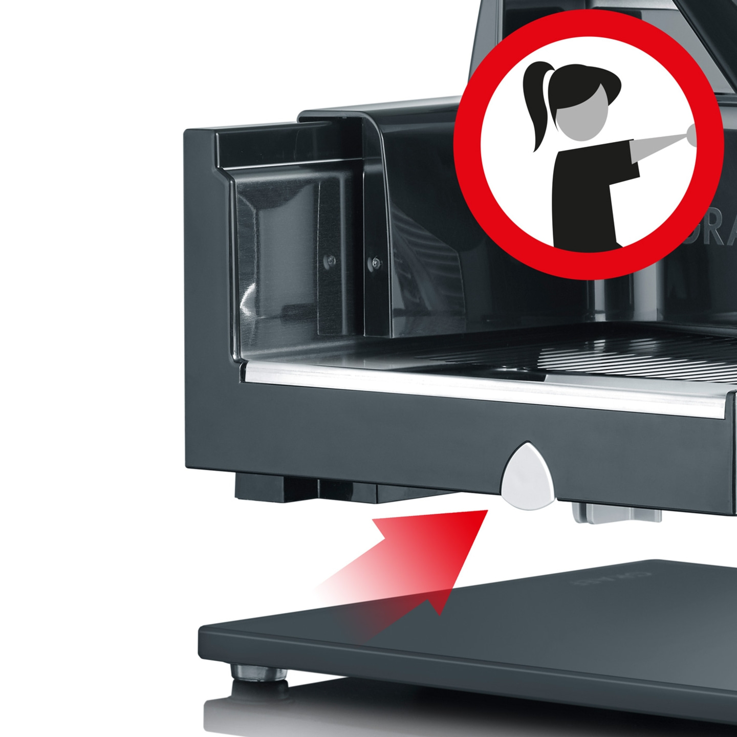 Panneau d'avertissement, flèche, machine, femme, main, rouge, signe, appareil, cuisine, attention