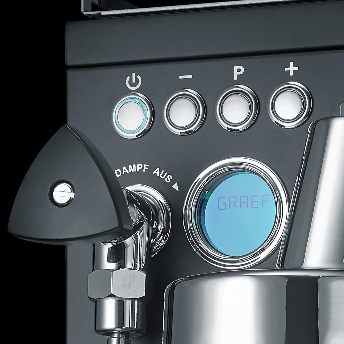 Coffee machine with buttons, steam, and GRAEF display. Black design and details.