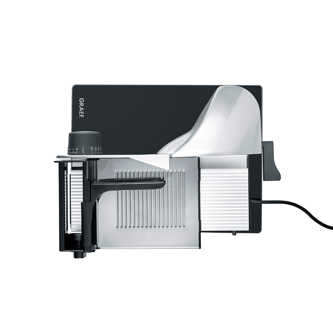 Graef electric food slicer, silver and black, close-up shot, isolated on white