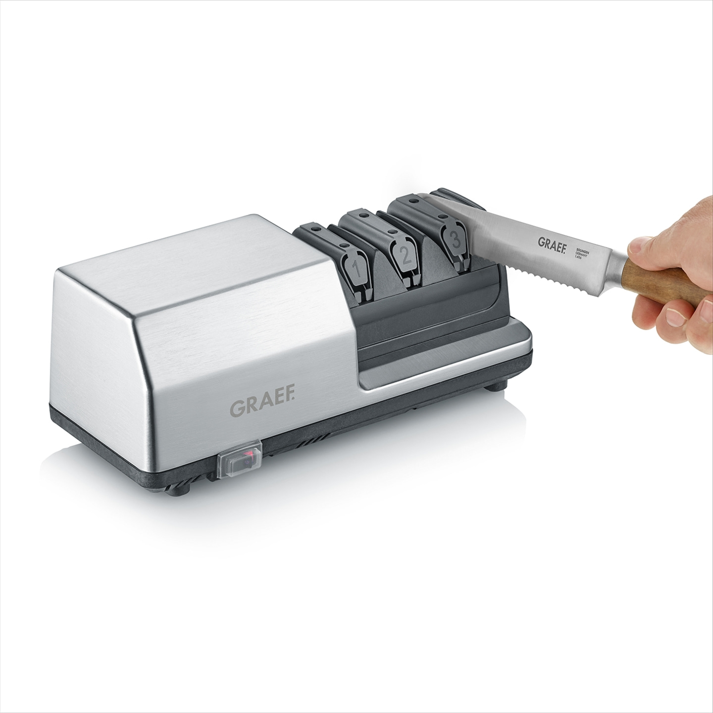 Knife sharpener with knife, GRAEF brand, silver, for sharpening knives