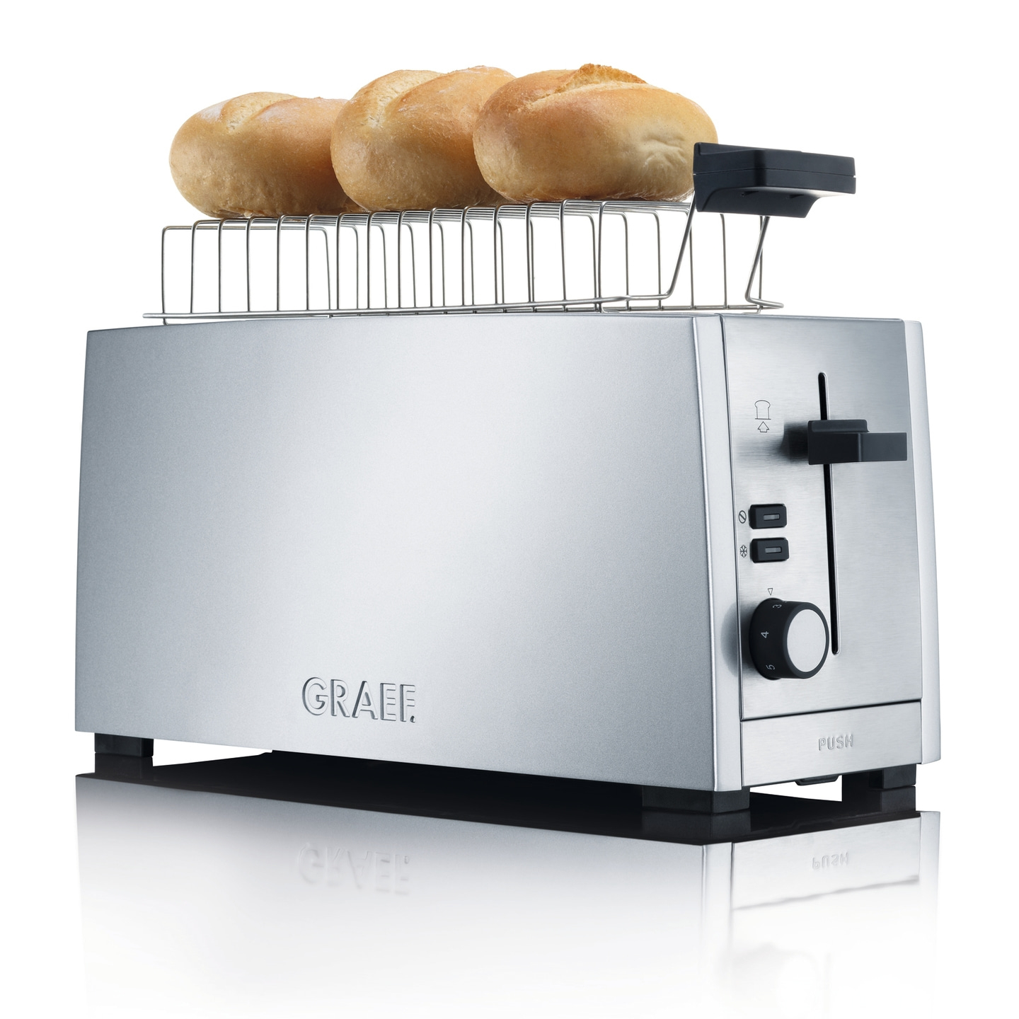 Graef toaster with bun warmer and three buns on a white background