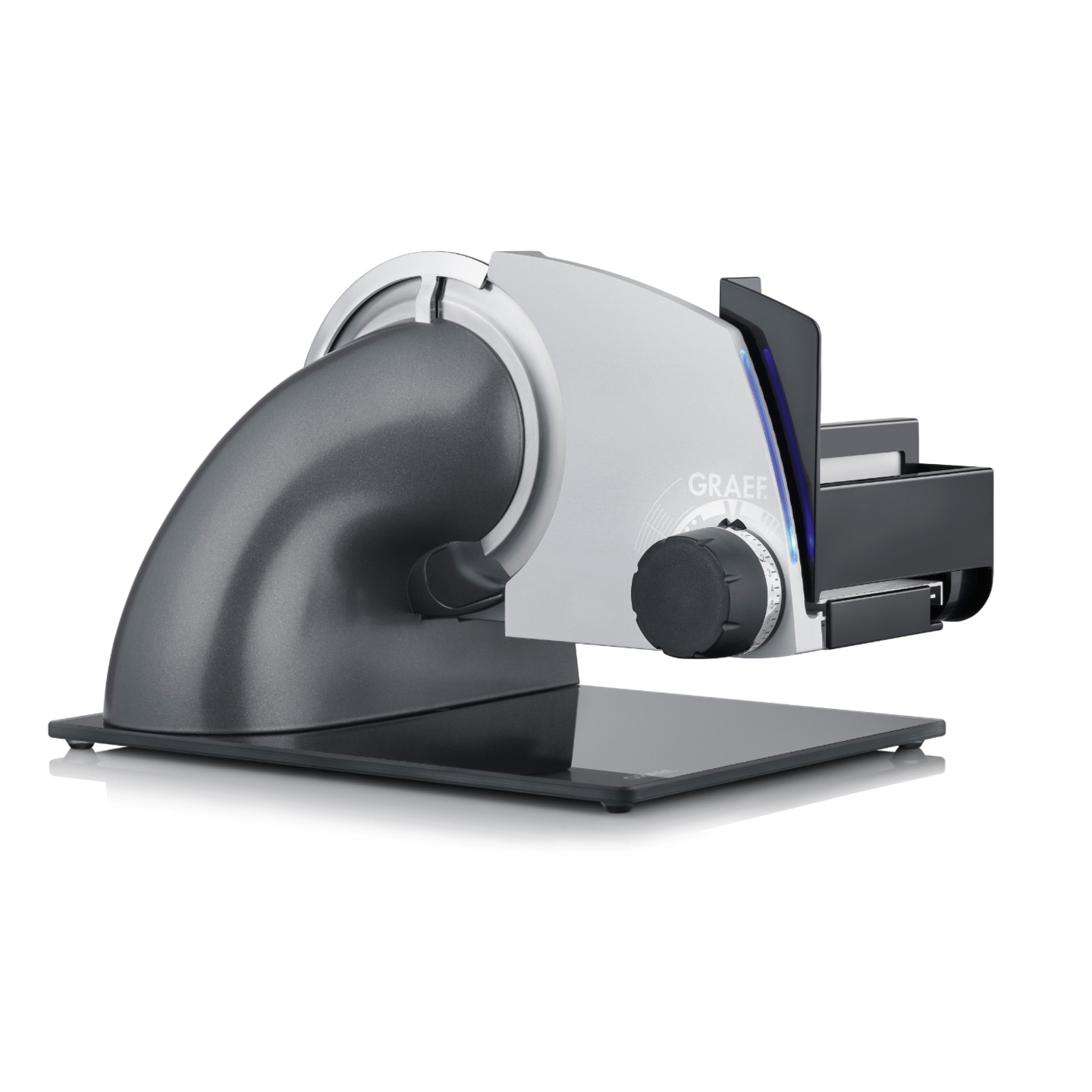 Trancheuse Graef, gris, argent, noir, plaque de verre, bouton, couteau, appareil de cuisine