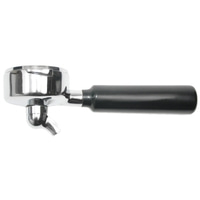 Chrome coffee machine portafilter with black handle isolated on white background