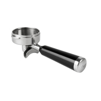 A silver portafilter with a black handle, resting against a white background.