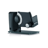 Trancheuse noire avec détails argentés et plaque de verre. Logo Graef.