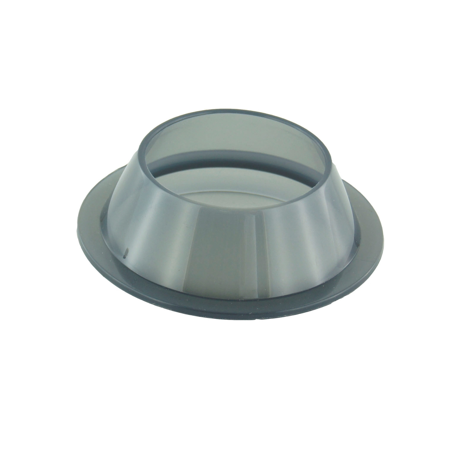 Imbuto di plastica grigia con bordo largo, isolato su sfondo bianco, ripresa in studio.