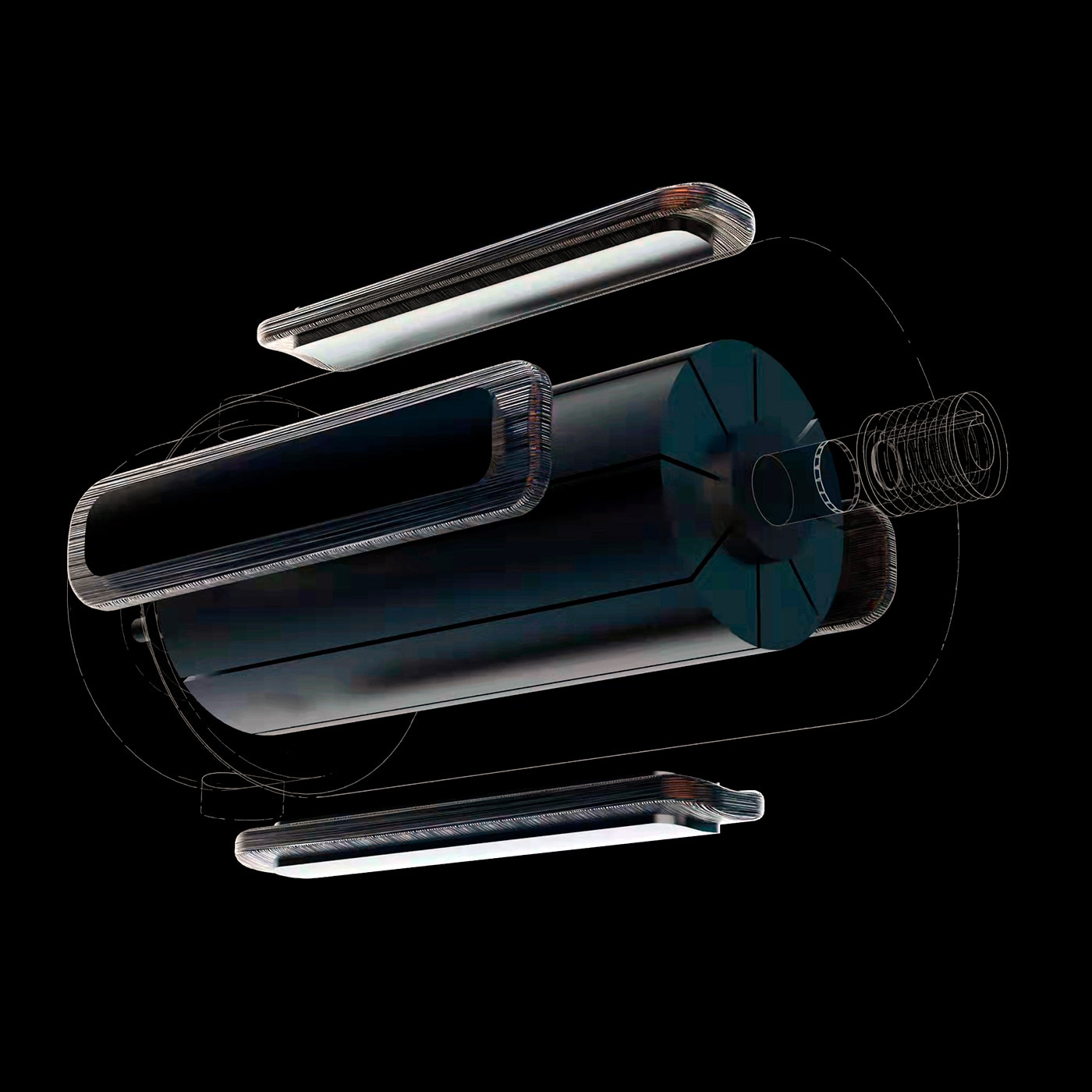 Vue éclatée d'un objet cylindrique avec des pièces détachables sur fond noir.