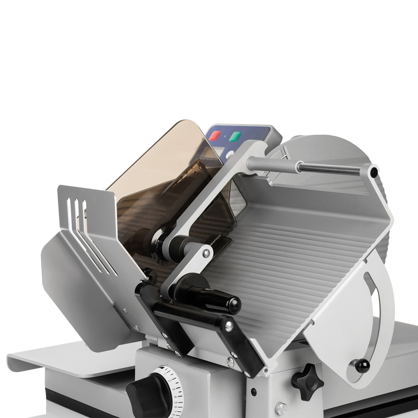 Meat slicer, professional kitchen appliance, silver, detail shot, close-up, food preparation