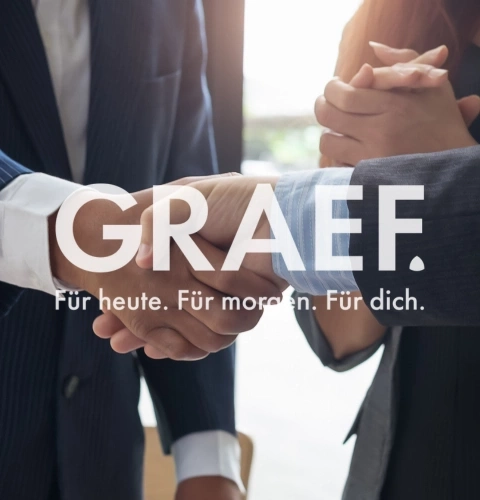 Poignée de main avec le logo GRAEF et le slogan : Pour aujourd'hui. Pour demain. Pour vous.