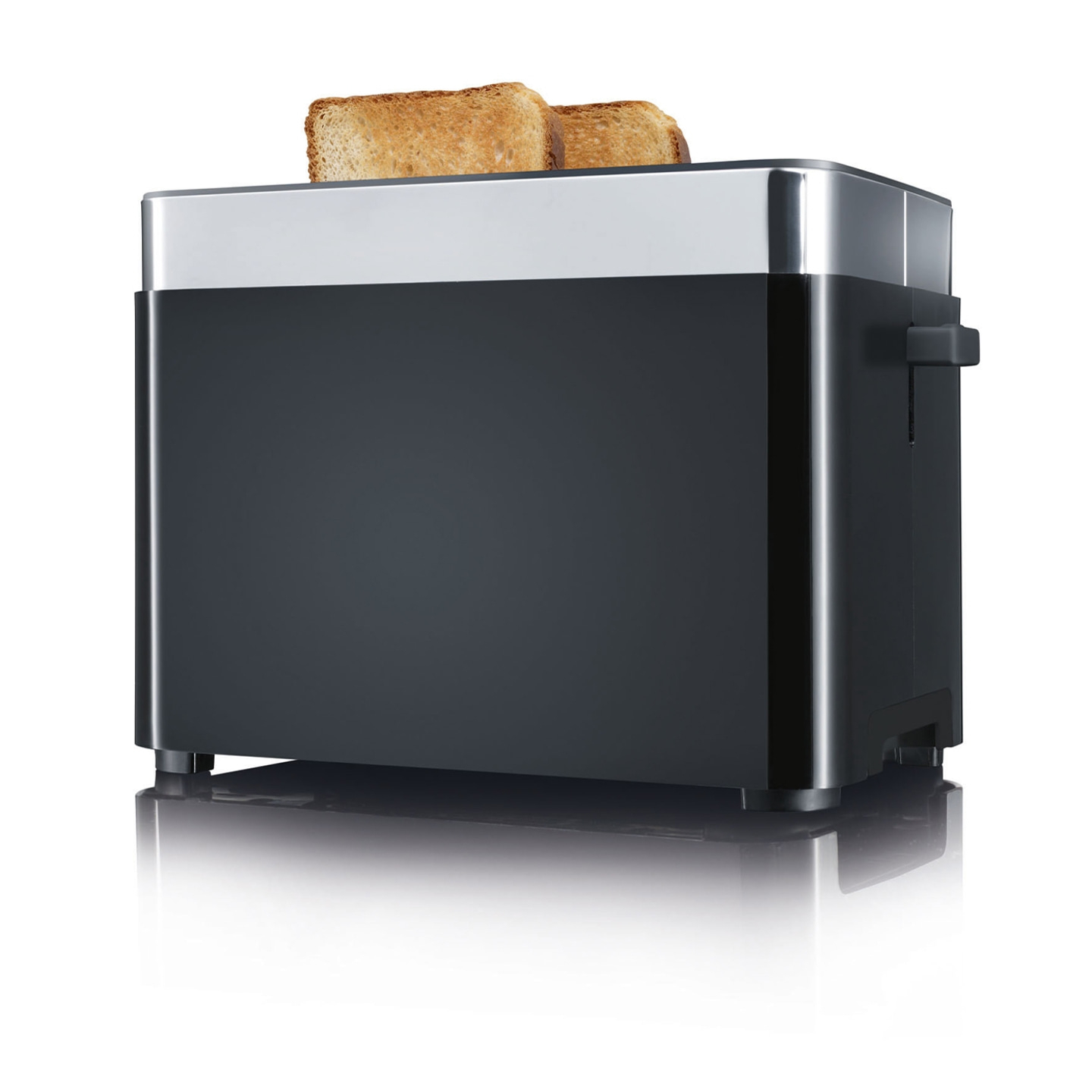 Black toaster with two slices of toast sticking out of the top of the toaster.