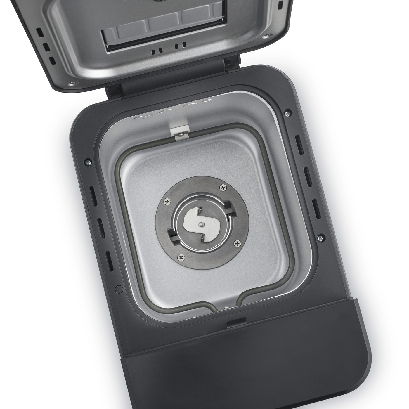 Macchina per il pane, aperta, vista interna, serpentina, teglia, coperchio, dettaglio, primo piano