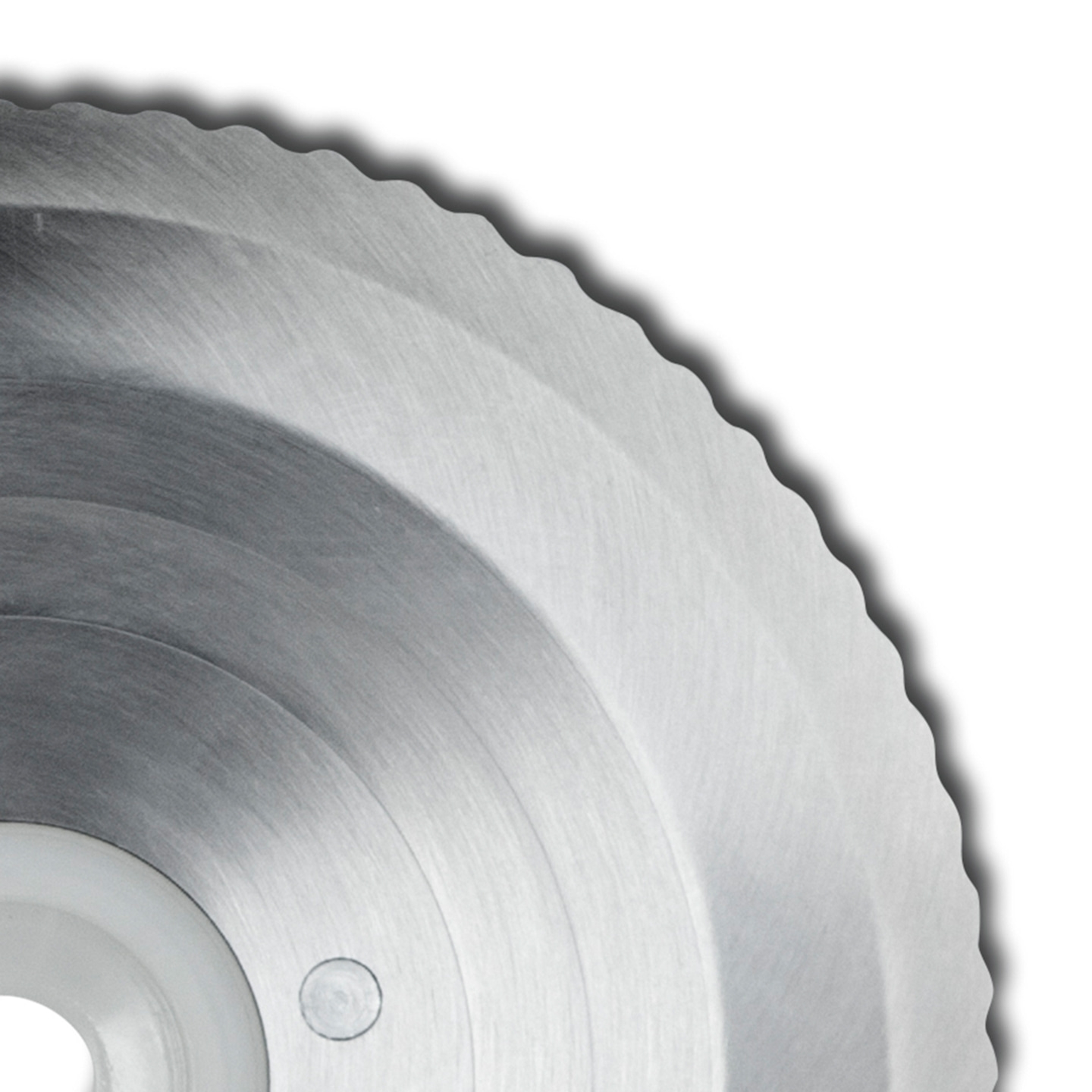 Circular saw blade with serrated edge, metal, gray, isolated on white