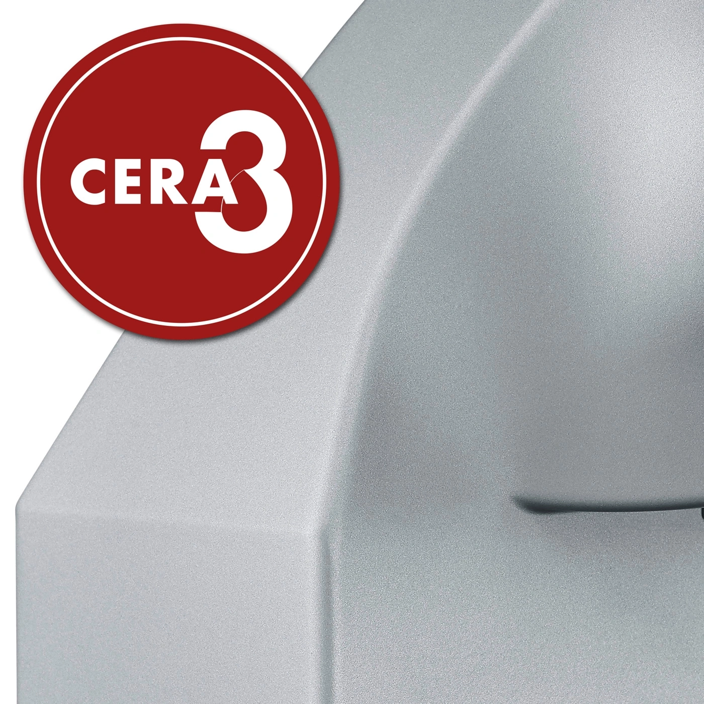 Cercle rouge avec texte blanc CERA 3 sur fond gris, gros plan