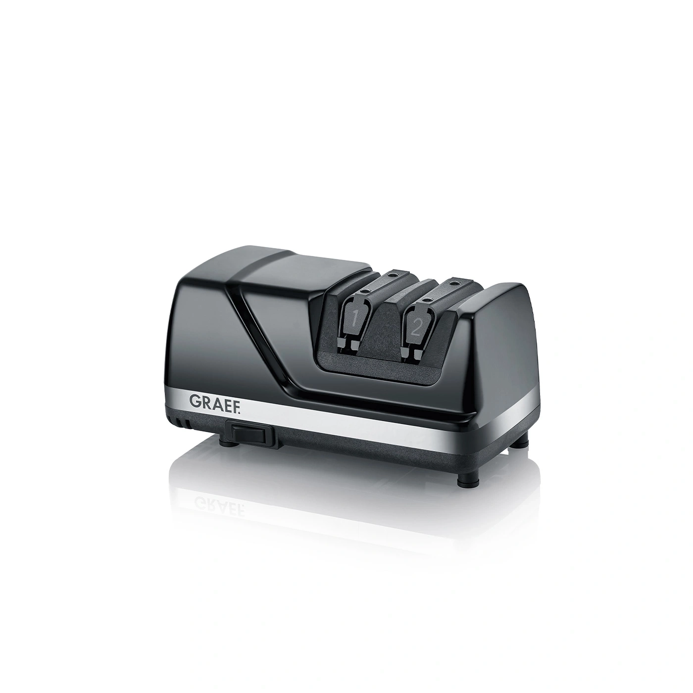 Black electric knife sharpener with numbers 1 and 2, GRAEF logo, shiny surface.
