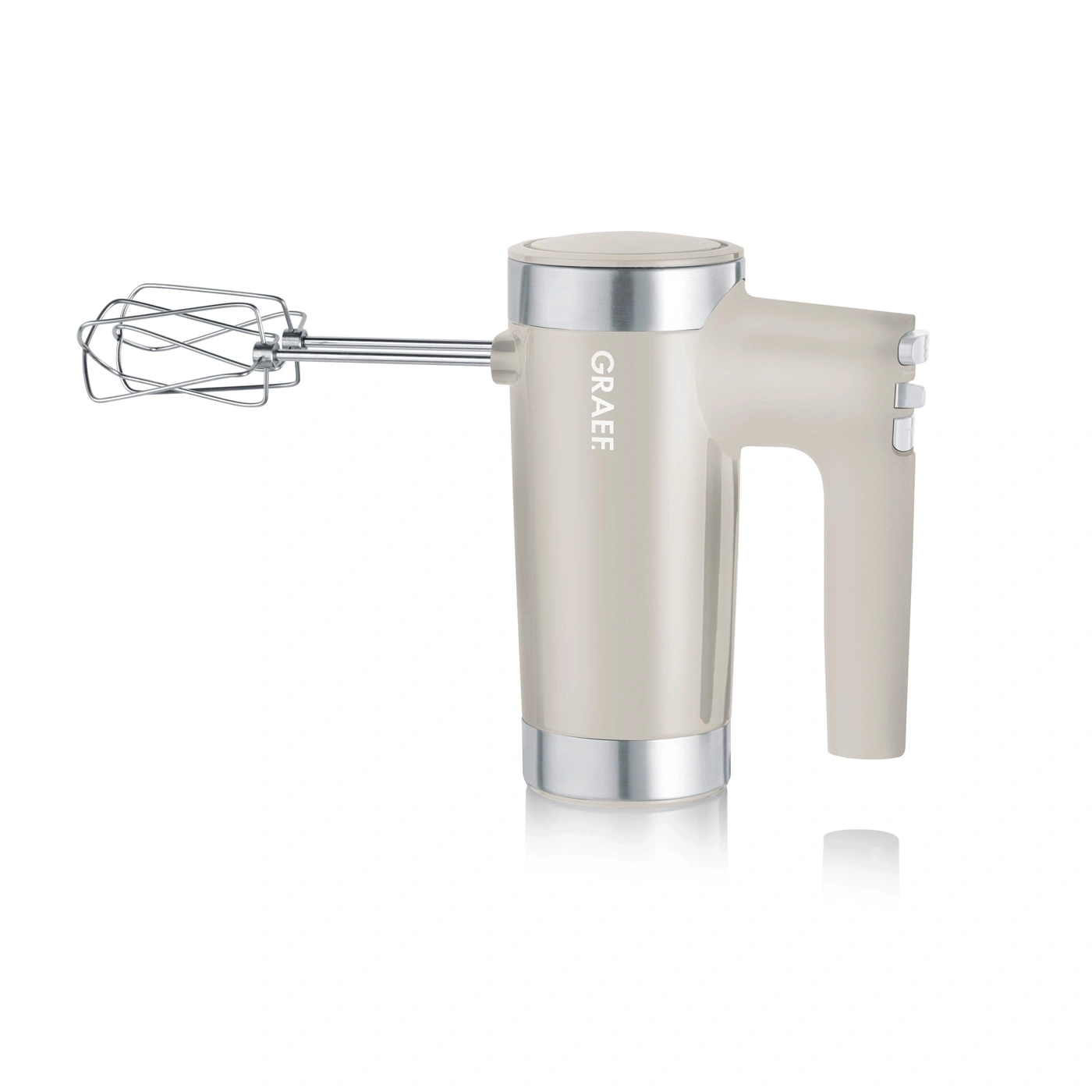 Beige hand mixer, GRAEF brand, with whisk, kitchen appliance, isolated, white background