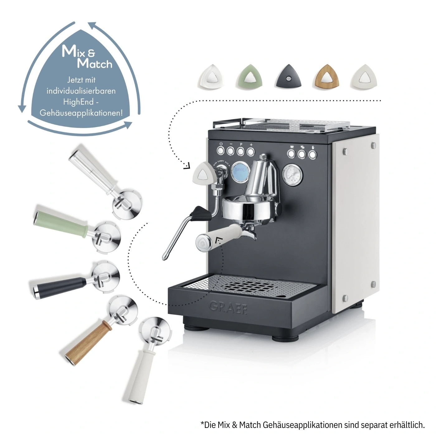 Macchina per espresso con applicazioni per alloggiamento e portafiltri intercambiabili.
