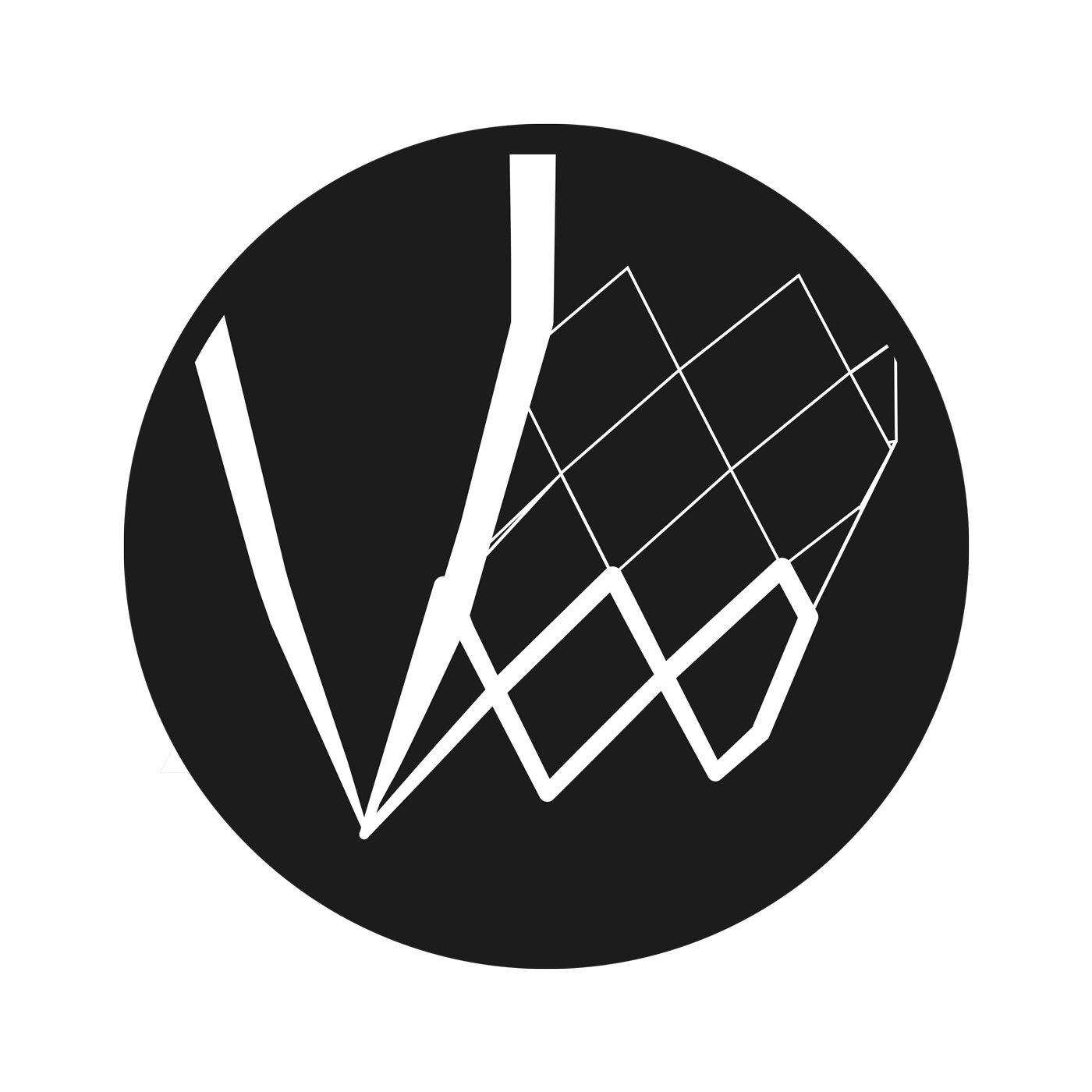 Logo of geometric shapes in a black circle, white lines and shapes