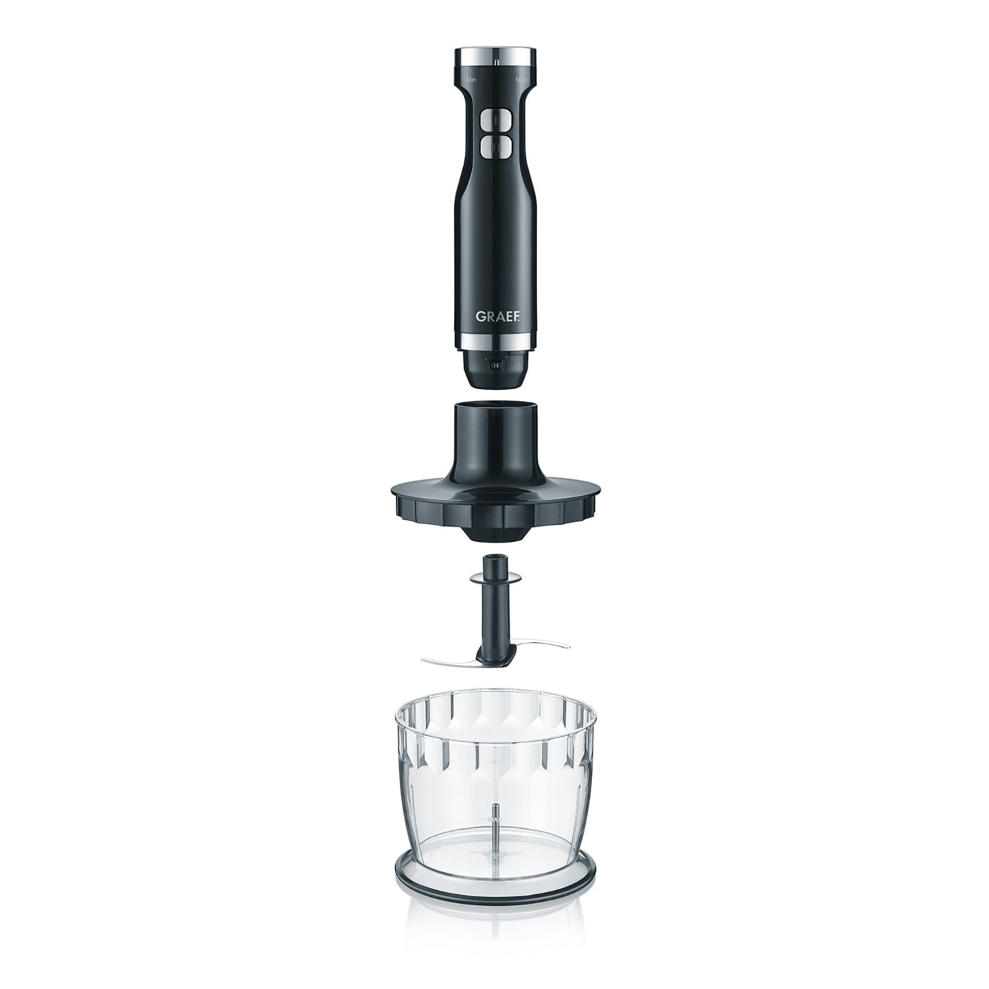 Mixeur plongeant noir avec accessoires, démonté, sur fond blanc.