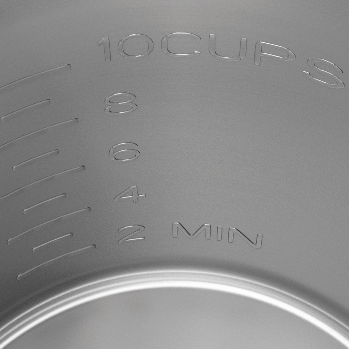 Measuring cup with liquid markings, 10 cups, 2 min and more, metallic surface.