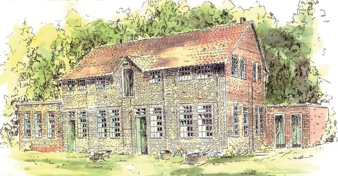 Maison dessinée avec des briques, des arbres et de l'herbe. Un vieux bâtiment.