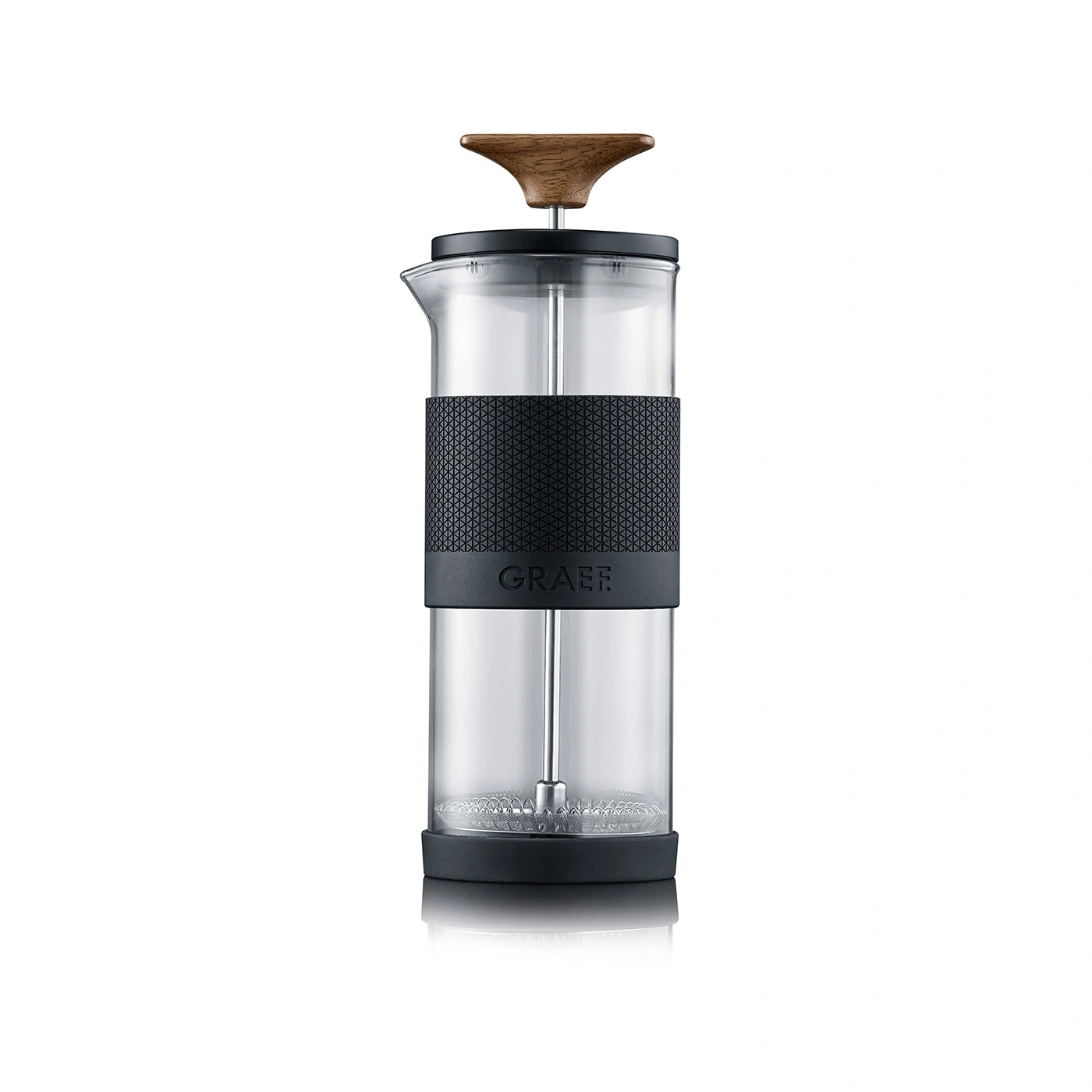 Presse-café avec poignée en bois et bande noire, récipient en verre