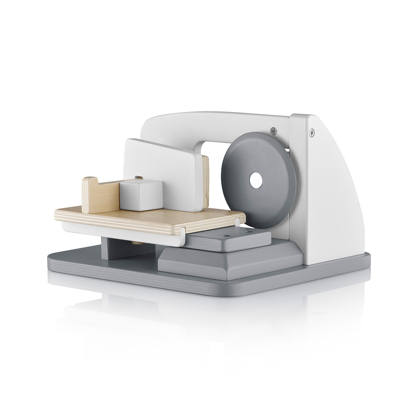 Wooden toy sewing machine, white and gray, isolated on a white background