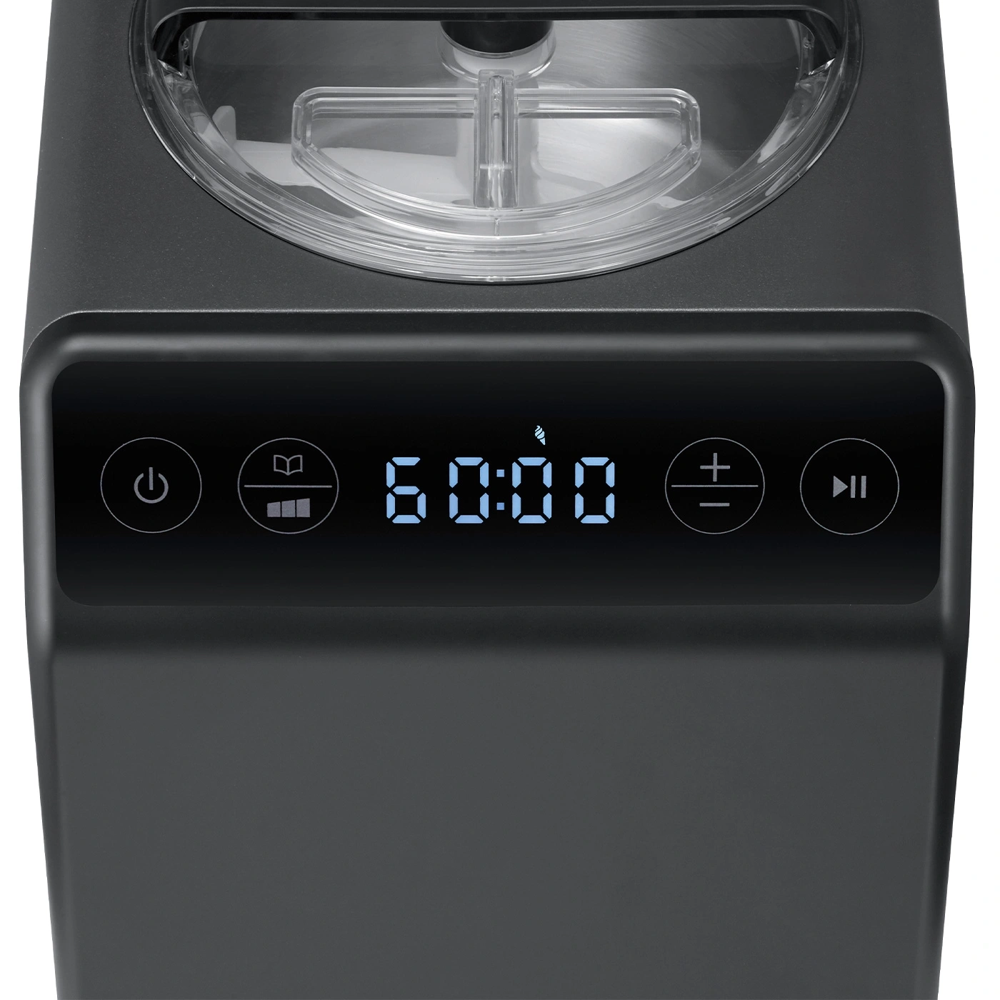 Ice cream machine with digital display, buttons, and a timer showing 60:00 minutes.