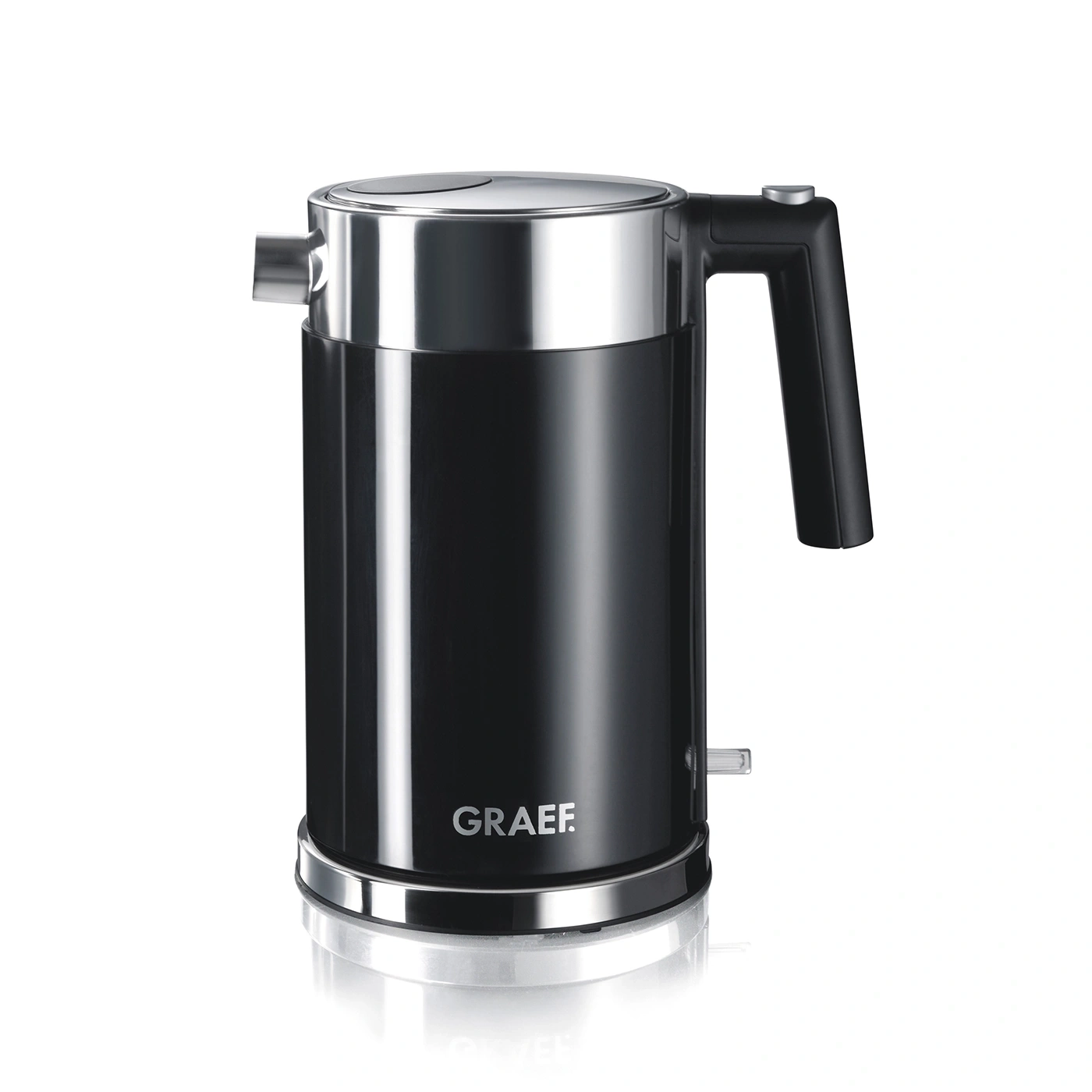 Black electric kettle with silver accents, GRAEF brand, sleek and modern design.