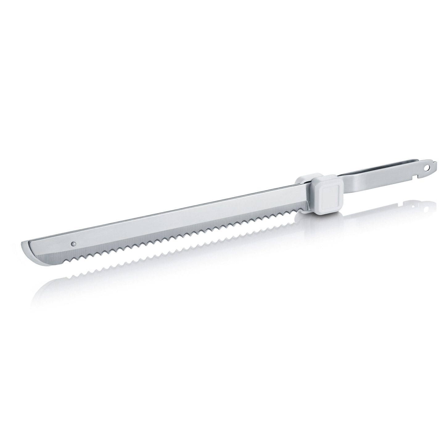 Electric bread knife, silver, isolated on white background, close-up shot