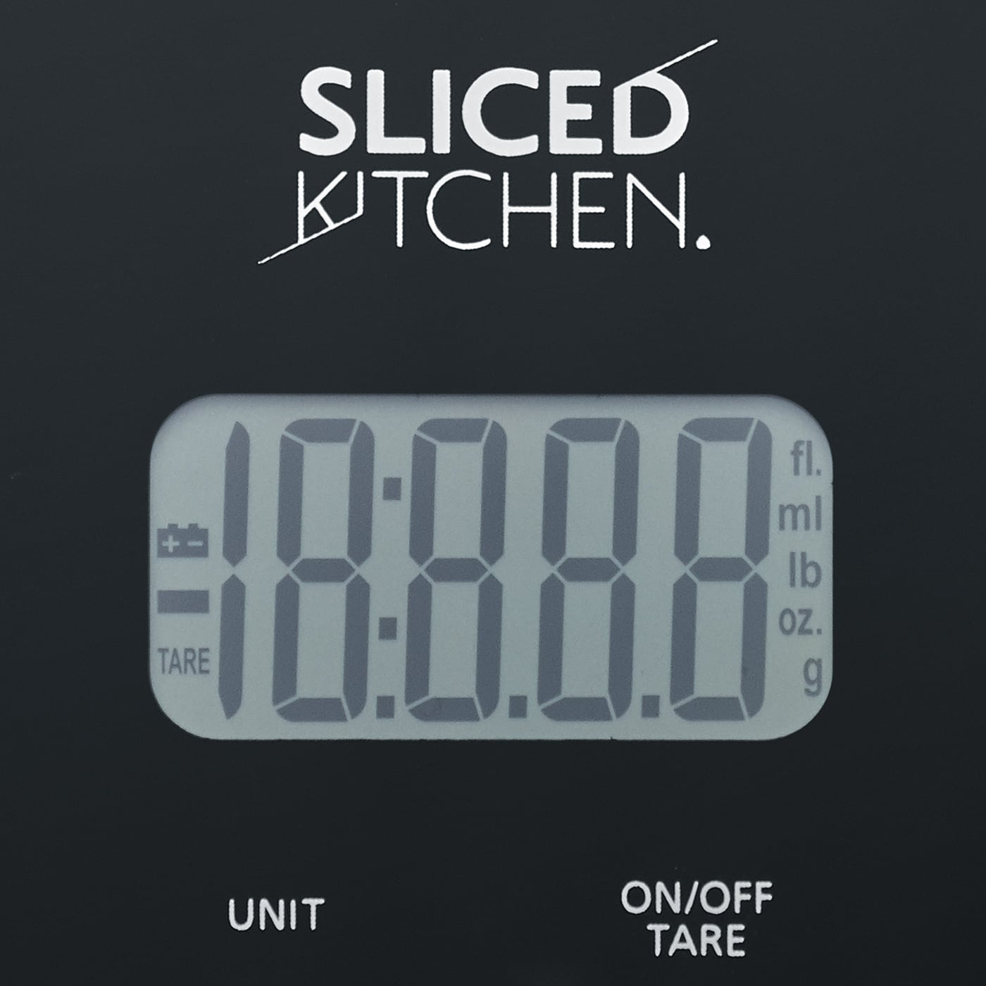 Kitchen scale displaying 18:8.8.8, units, and TARE function with black background.