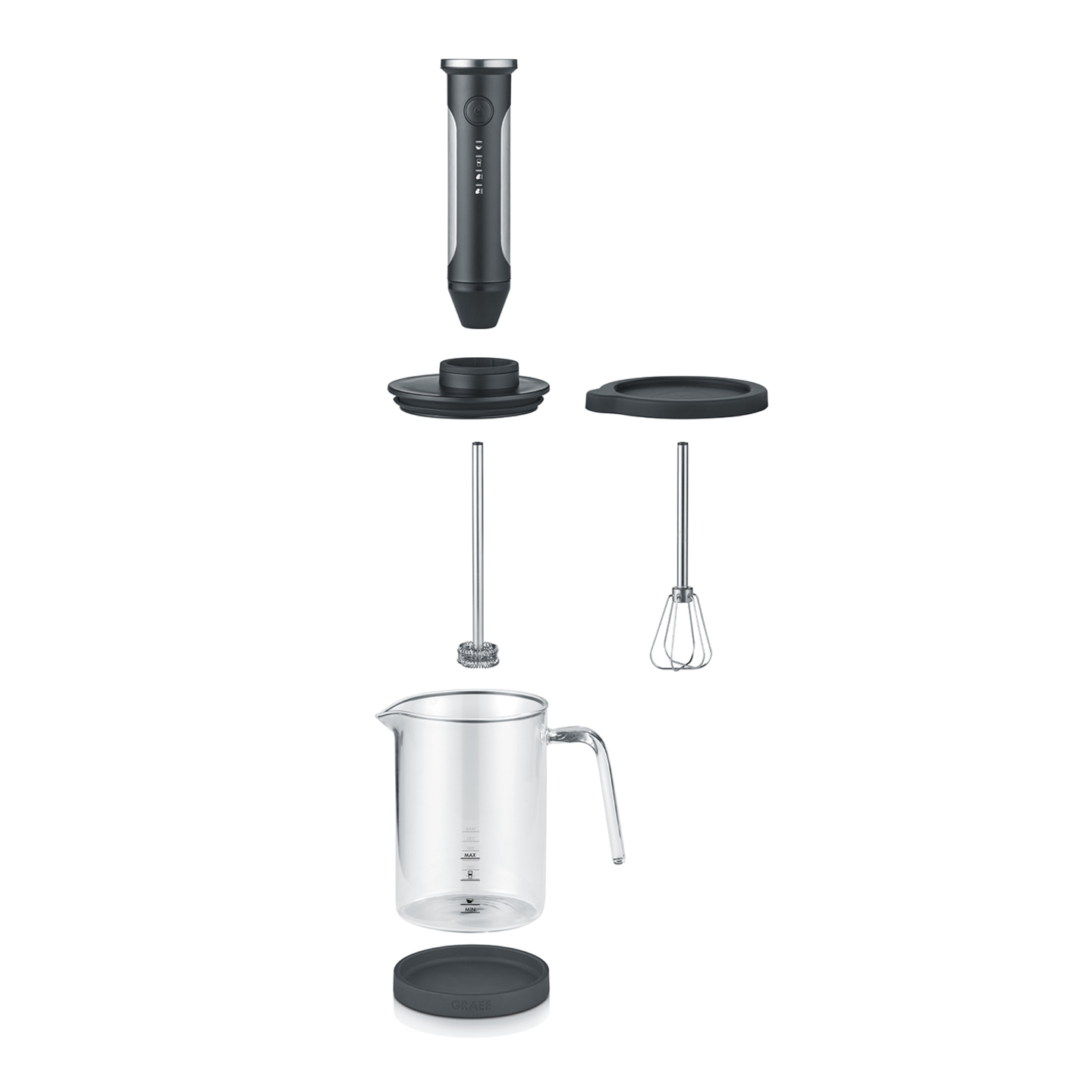 Disassembled immersion blender with accessories and glass container for kitchen