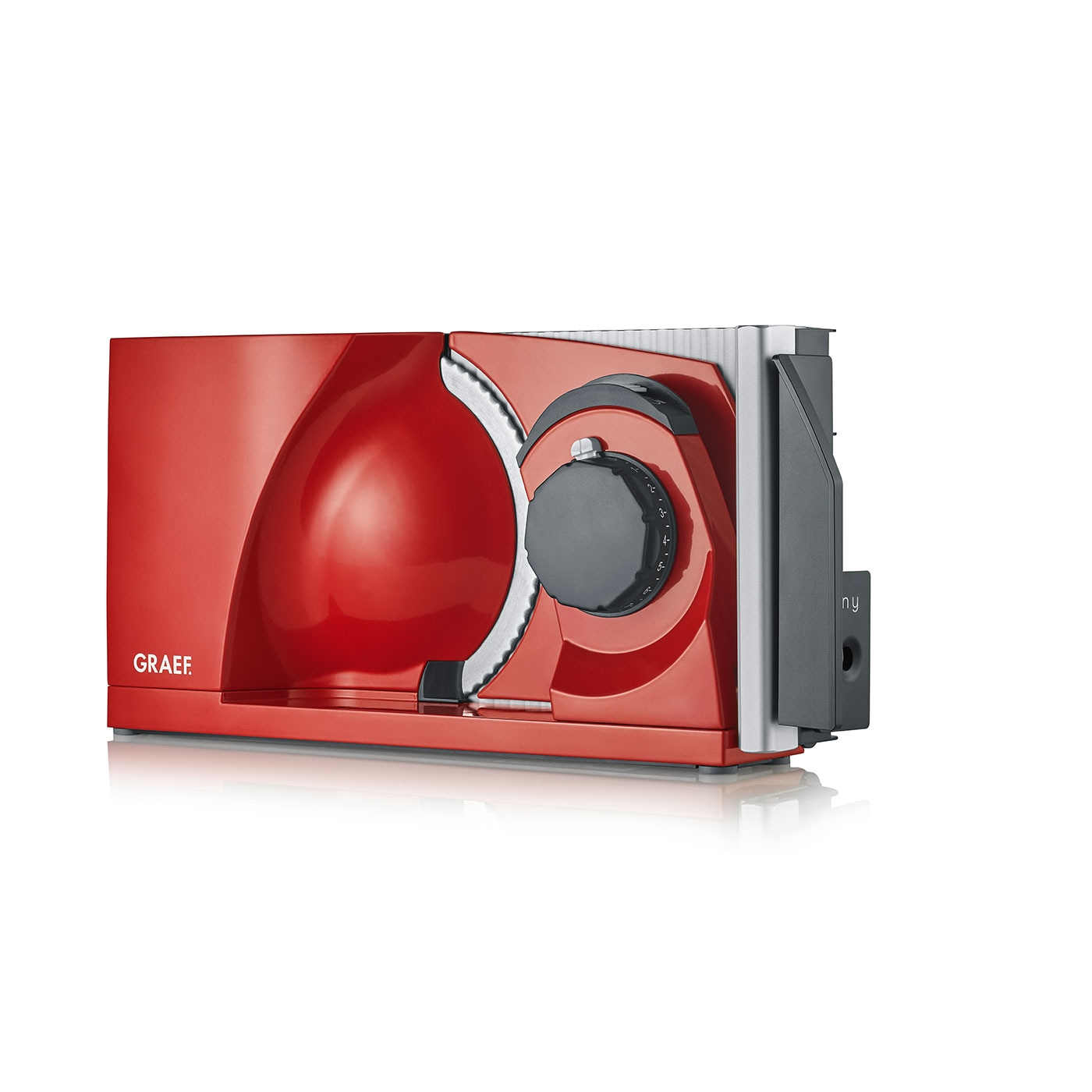 Red GRAEF food slicer with a dial and silver accents, perfect for slicing.