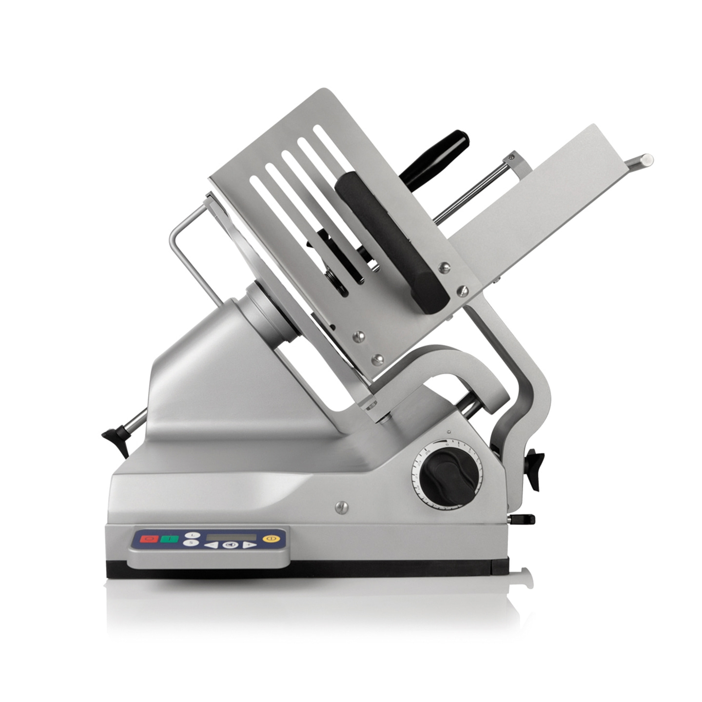 Silver meat slicer with control panel and knob, professional kitchen equipment
