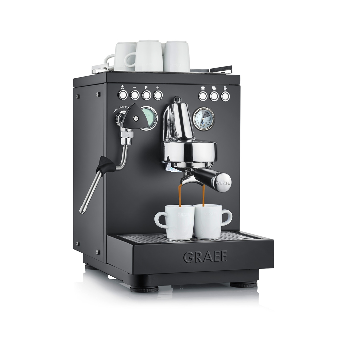 Black espresso machine with cups, coffee brewing, Graef logo, steam wand