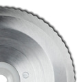Circular saw blade with serrated edge, metal, gray, isolated on white