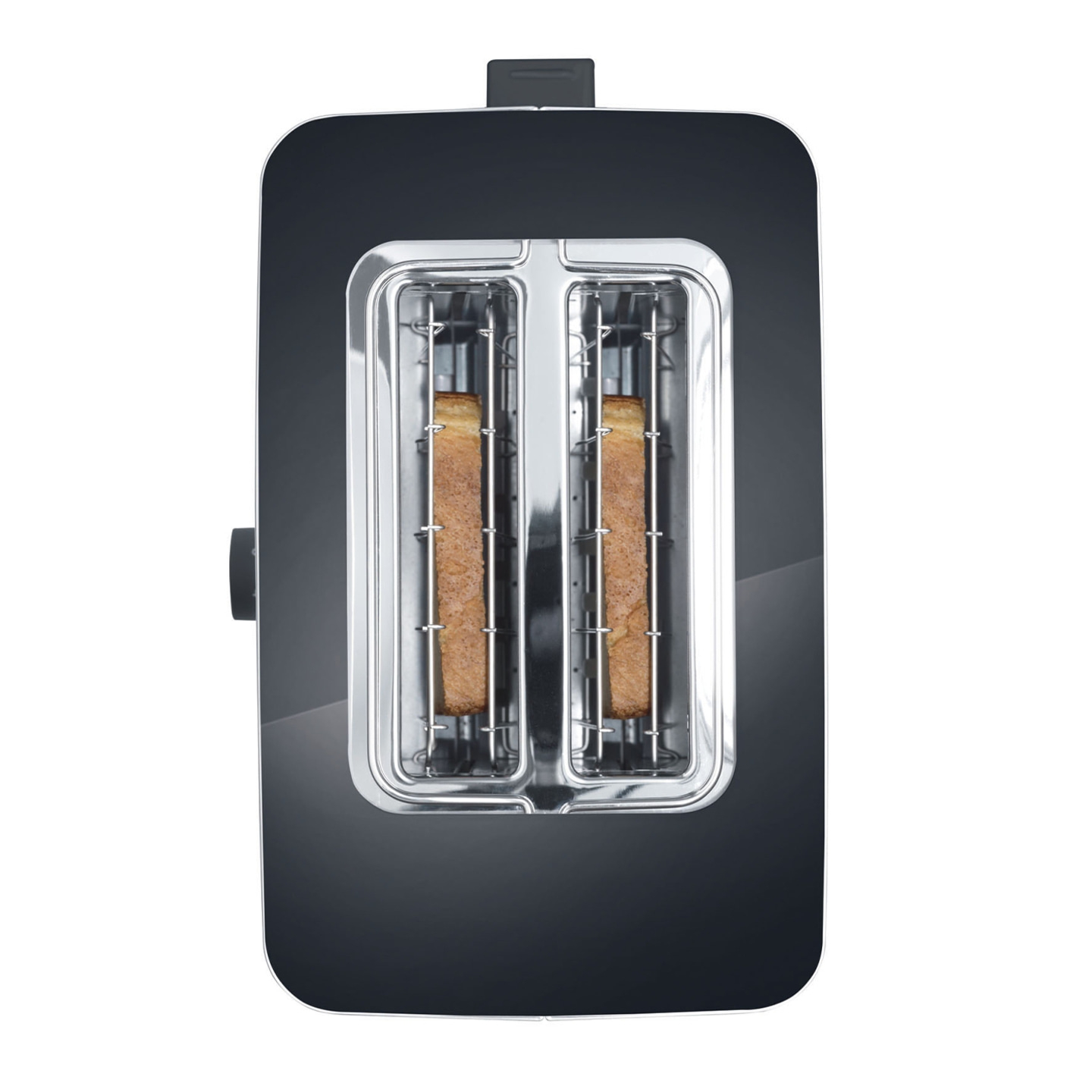 Black toaster with two slices of toast, close-up, isolated on white background