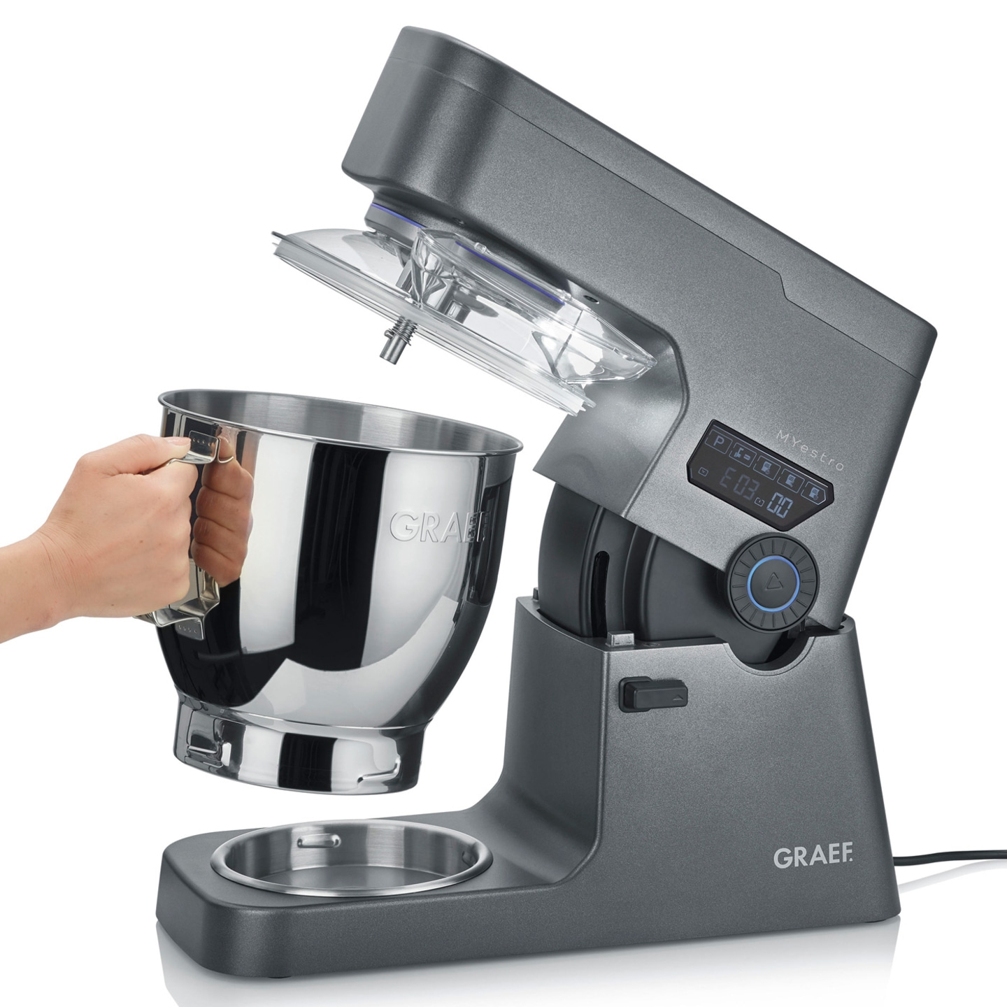 Robot culinaire Graef, gris, avec bol et couvercle, gros plan, isolé sur fond blanc