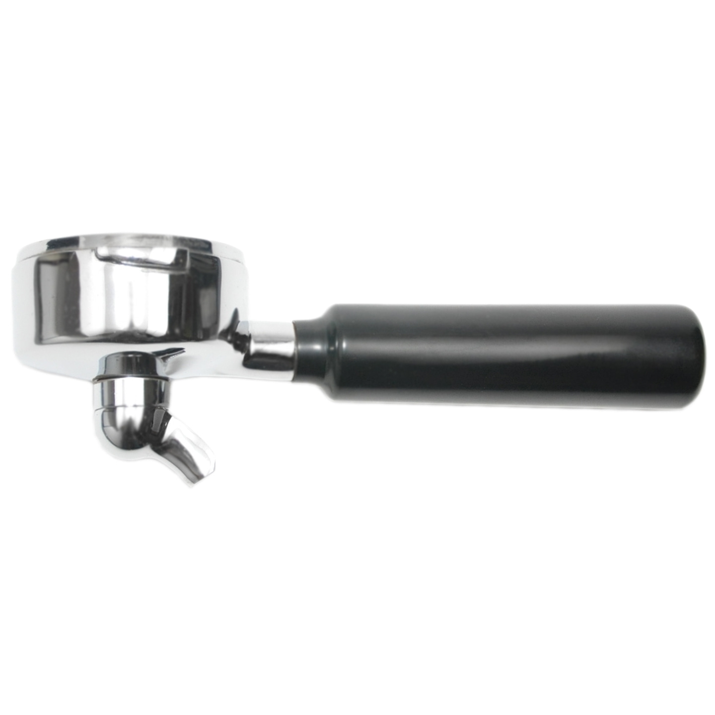 Chrome coffee machine portafilter with black handle isolated on white background