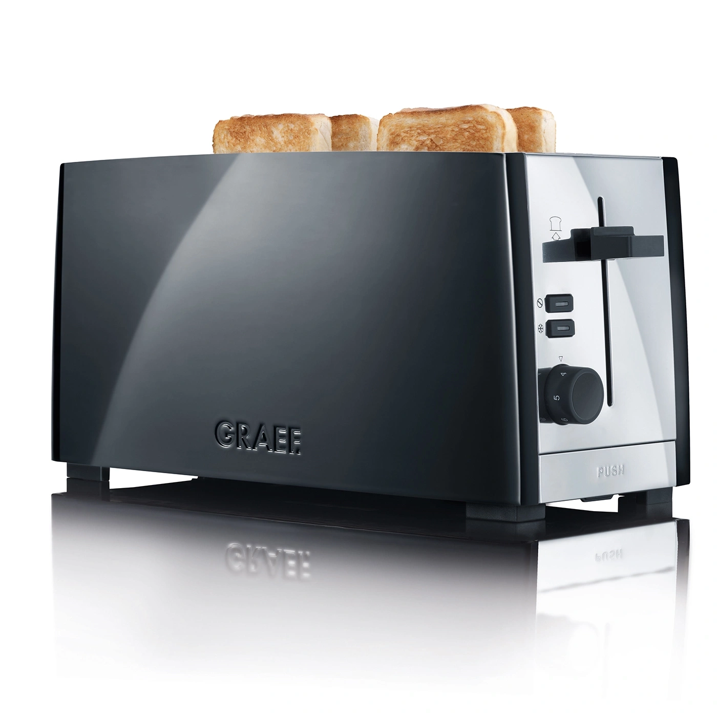 Tostapane nero con pane tostato, marchio Graef, dettagli in acciaio inox, design moderno.