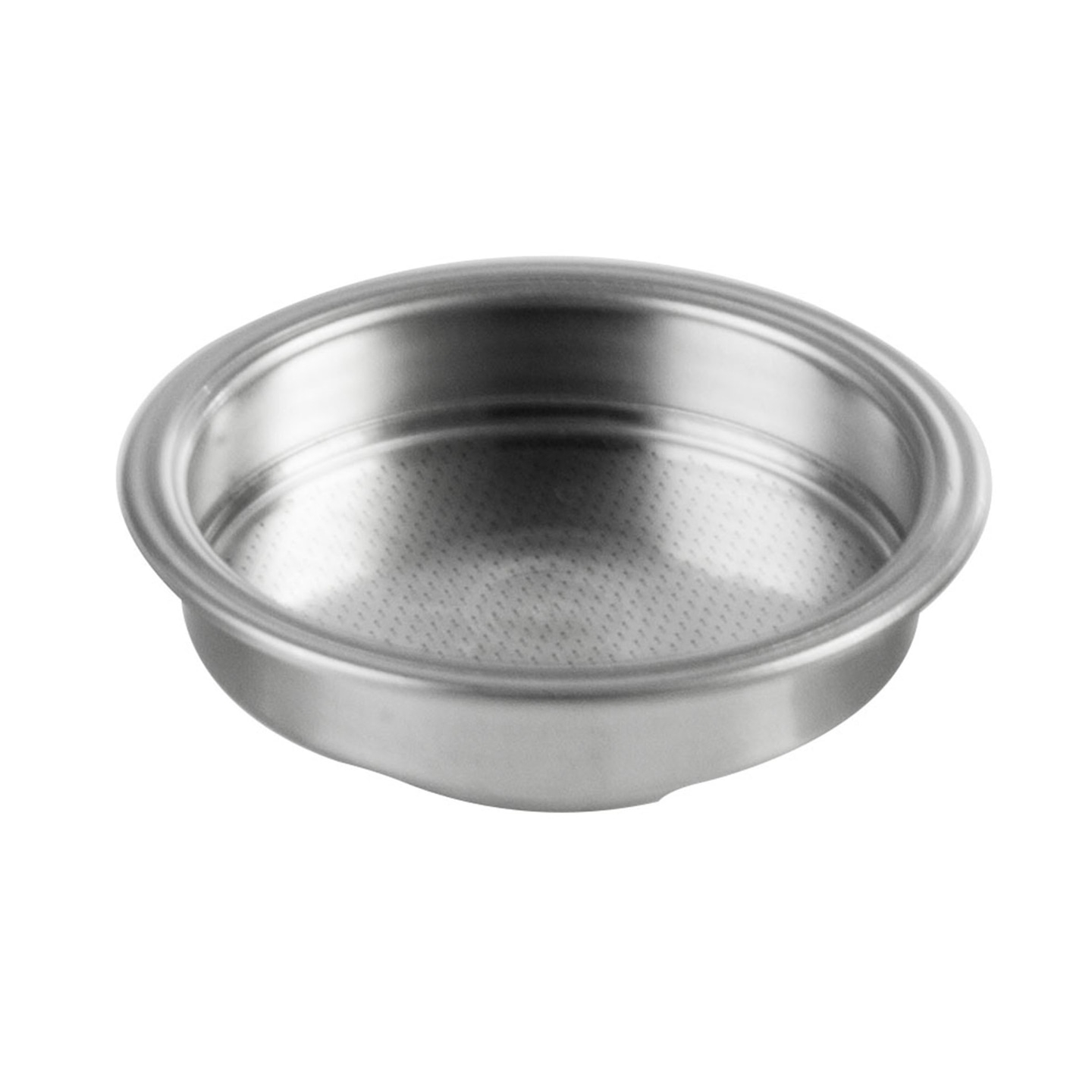 Stainless steel coffee filter, round, with holes, for espresso, isolated on white