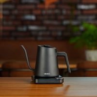 Black gooseneck kettle on wooden surface with brick and plant background.